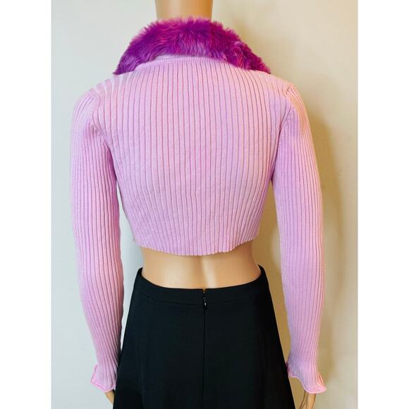 Urban Outfitters Ribbed Cropped Cardigan Faux Fur Tie Front Sweater size M NWT - Picture 5 of 11